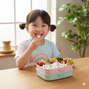 A happy child enjoying their creative and healthy unicorn bento lunch at the table.