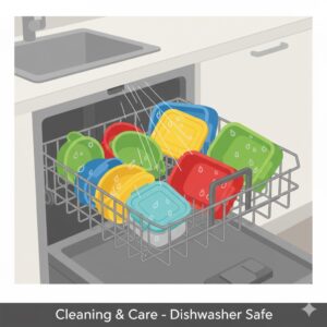 Simple illustration showing colorful bento inserts being washed in the top rack of a dishwasher, emphasizing their easy-to-clean and reusable design.