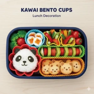 A creative illustration showing decorative bento cups used for making cute kawaii lunch boxes.