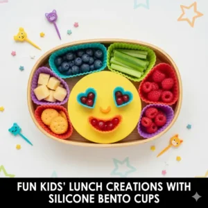 A fun and colorful illustration of a child's lunch made exciting with decorative bento box silicone cups.
