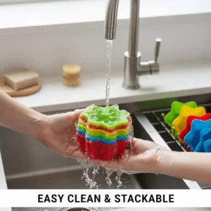 A stack of easy-to-clean and dishwasher-safe bento silicone food cups being rinsed under water.