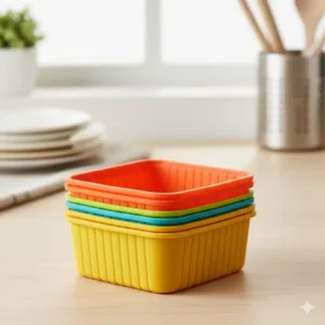 A stack of nesting silicone dividers for lunch box demonstrating their easy storage.