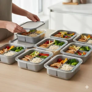 Top-down view of several meal prep containers clearly organized using sturdy bento dividers to portion different components of the week's lunches.
