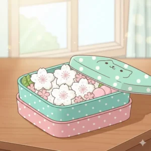 A seasonal spring-themed cute bento box with cherry blossom decorations and pink food.