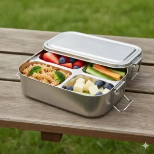 A durable, eco-friendly stainless steel baby bento box alternative, showcasing its latch closure and different sections.
