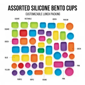 8. A collection of silicone bento cups in various bright colors and shapes (square, rectangle, and round) for customizable lunch packing.