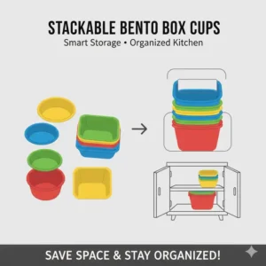 A diagram showing how multiple bento box cups can be stacked together for easy storage.