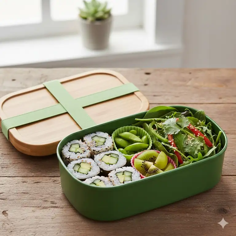 A healthy and vibrant bento box green filled with a balanced Japanese-style lunch, including sushi, edamame, and salad.