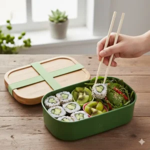 Fresh green vegetables and healthy proteins laid out, ready to be packed into a reusable bento box green container.