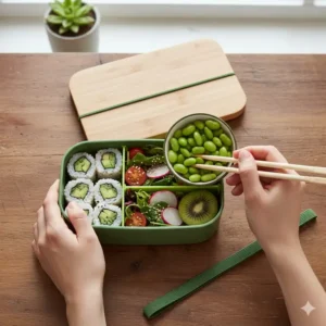 Hand carefully arranging fresh food items into a multi-compartment bento box green lid for a tidy and efficient meal.
