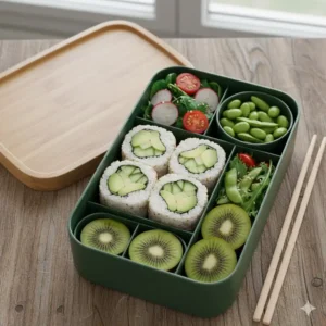 An aesthetically pleasing, fully assembled bento box green meal with a focus on naturally green foods for a nutritious lunch.