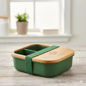 Close-up of an eco-friendly, reusable bento box green container, highlighting its leak-proof design and separate compartments.