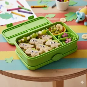 A fun, kid-friendly bento box green featuring bite-sized snacks and main dishes, emphasizing green fruits and veggies for a school lunch.