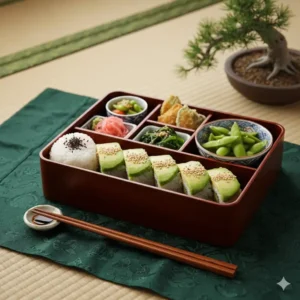 A visually artistic, traditional Japanese-style bento box green with rice and various side dishes, presented on a green cloth or mat.