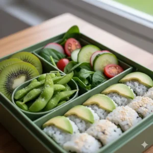 Detailed close-up shot of the fresh, green food packed inside the compartments of a modern lunch bento box green.