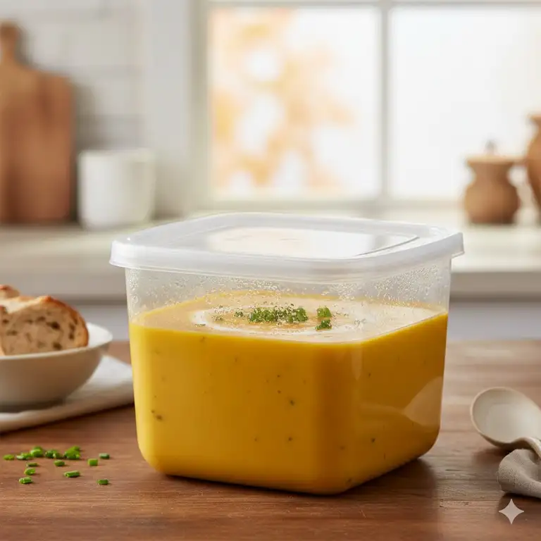 A clear plastic quart to go container filled with fresh soup and an airtight lid on a wooden table.
