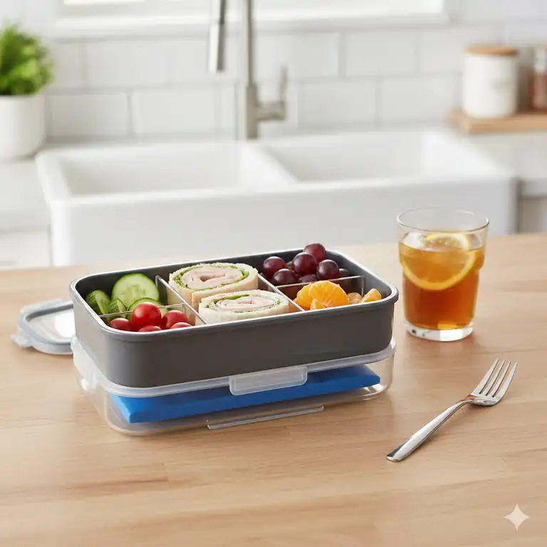 A premium leakproof bento box with ice pack compartment shown on a kitchen counter with fresh fruit and snacks.