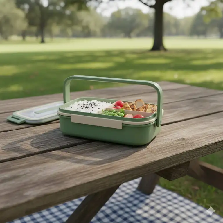 A modern lifestyle shot of a bento box with handle sitting on a wooden picnic table in a park.