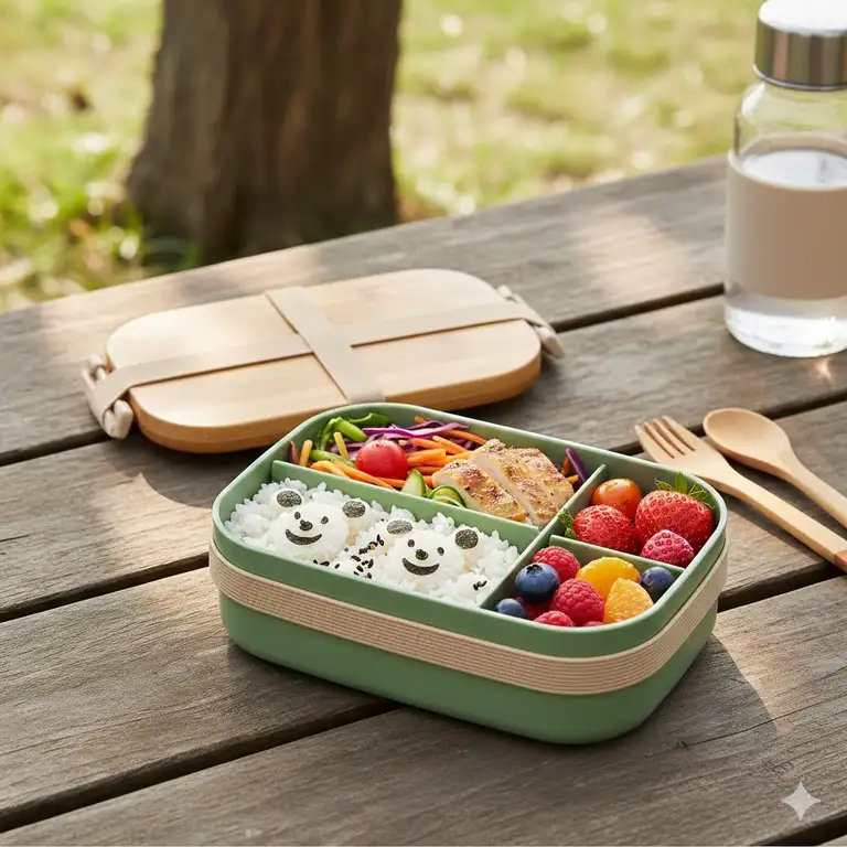 A premium bpa free bento box filled with a healthy and colorful lunch on a wooden table.