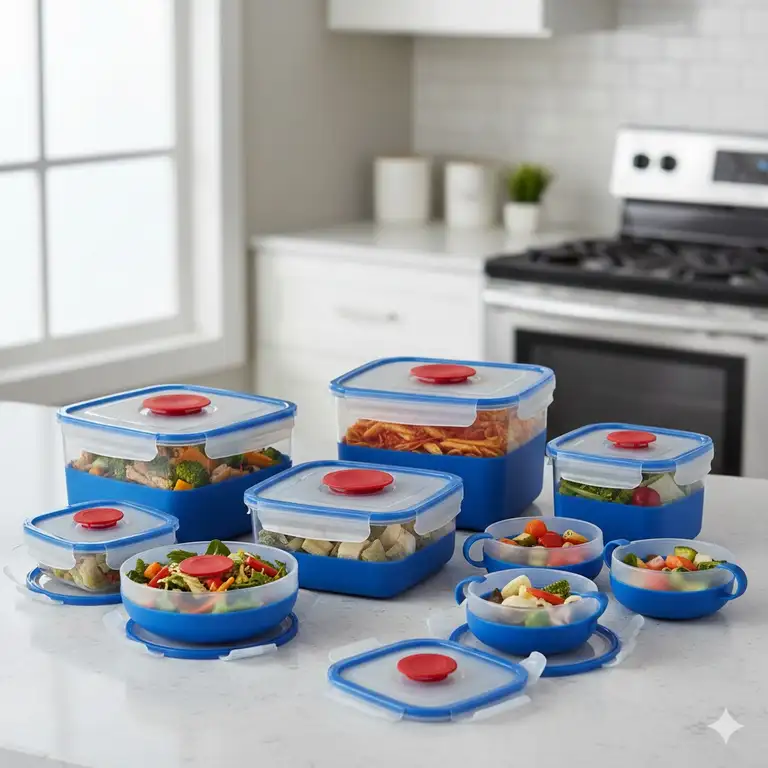 A complete collection of blue rock n serve tupperware containers in various sizes on a kitchen counter.