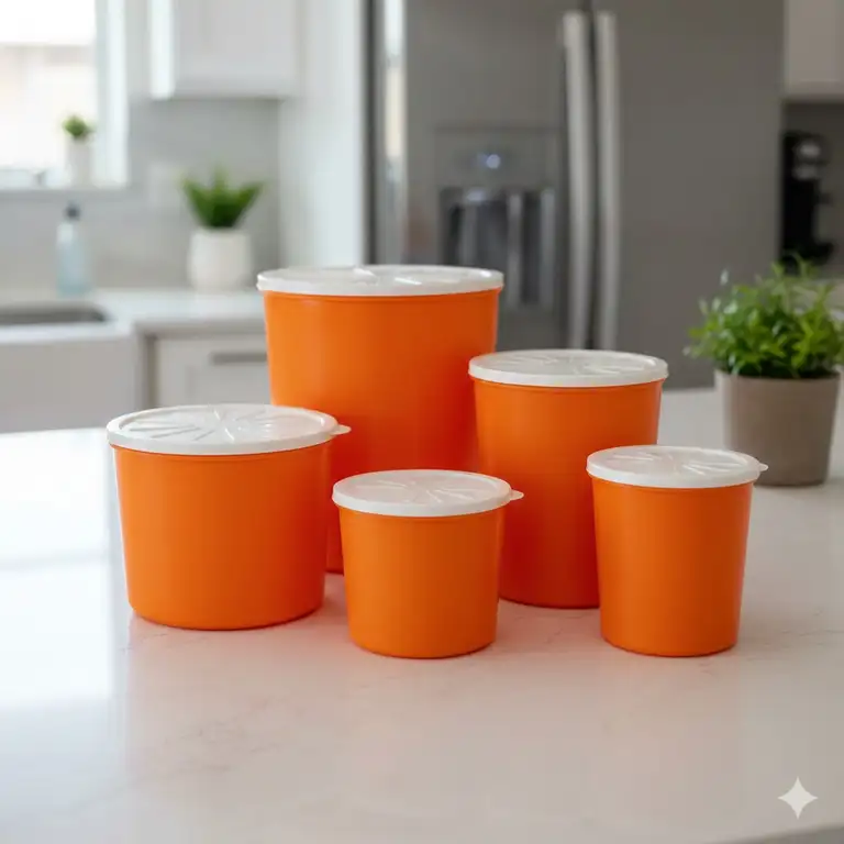 A complete vintage tupperware orange canister set displayed on a modern kitchen counter.