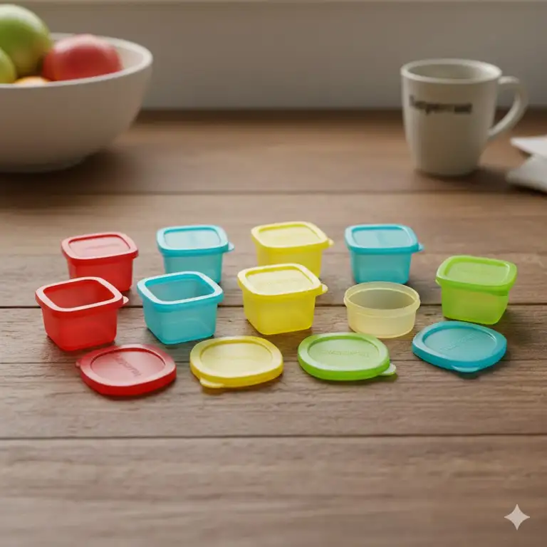 A professional display of a colorful set of miniature tupperware containers arranged on a wooden kitchen table.