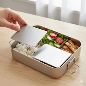 Top-down view of an aluminum bento box showing adjustable and removable dividers for customized food portions.