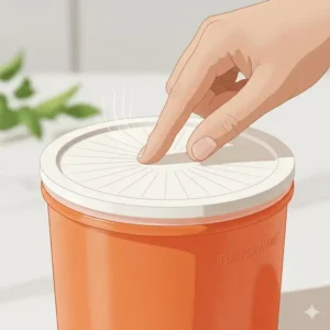 Close-up of the airtight sunburst lid belonging to a tupperware orange canister set.
