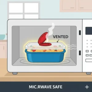An illustration of a rock n serve tupperware container in a microwave with its steam vent open.