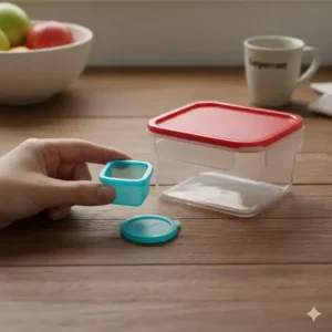 A hand holding a small blue container next to a larger one to show the scale of these miniature tupperware containers.
