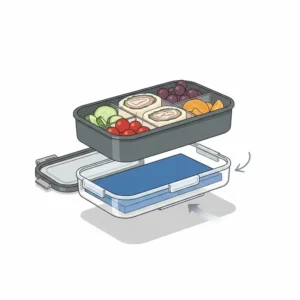 Illustration showing how to insert the cooling tray into a bento box with ice pack compartment.