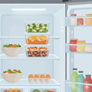 Three stackable quart to go container units organized inside a refrigerator for weekly meal planning.