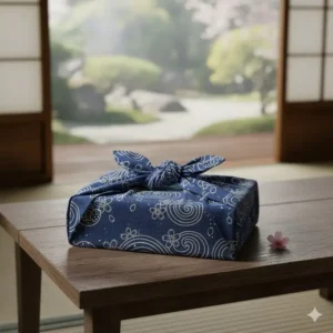 A traditional Japanese style asian lunch bag using the Furoshiki fabric wrapping technique for a bento box.