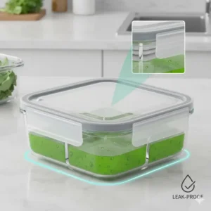 Close-up illustration showing the leak-proof silicone seal of a glass bento box set.