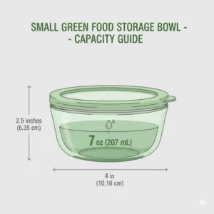 A detailed size chart showing the dimensions of under 8 oz green bowls food storage.