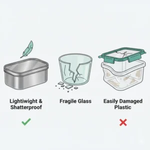 Illustration comparing the lightweight and shatterproof design of an aluminum bento box versus glass or plastic containers.