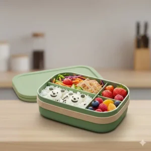 An illustration showing the convenient multiple compartments of a bpa free bento for portion control
