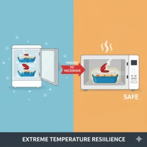 Diagram showing the transition of rock n serve tupperware from a cold freezer to a hot microwave.