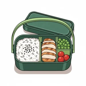 A top-down view illustration showing the three internal food compartments of a bento box with handle.