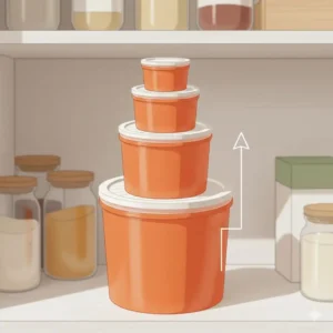 Diagram showing how to save space by stacking a tupperware orange canister set in a pantry.