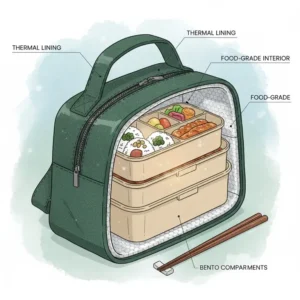 Close-up illustration showing the thermal insulated interior lining of an asian lunch bag to keep food warm.