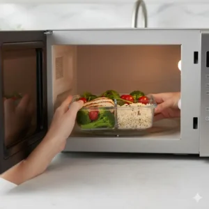 A heat-resistant glass bento box lunch box being placed into a microwave for reheating.