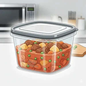 A heavy-duty microwave safe quart to go container showing its durable material and steam vents.