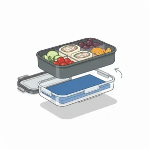 A top-down view of an organized bento box with ice pack compartment with divided sections for healthy meals.