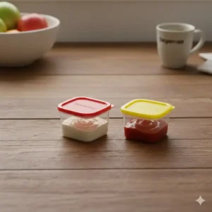 Two miniature tupperware containers filled with ketchup and mayonnaise for dipping sauces.