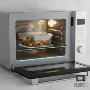Diagram of a microwave and oven safe glass bento box set for easy reheating.