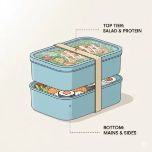 An illustration of a two-tier stackable lunch set showcasing functional cute bento boxes for adults.