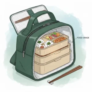 An open asian lunch bag revealing perfectly fitted tiered bento containers and stainless steel chopsticks.