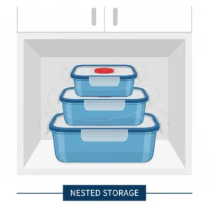 Illustration of several rock n serve tupperware bowls nested together for efficient kitchen storage.
