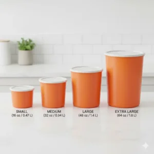 A comparison of the four different sizes found in a classic tupperware orange canister set.